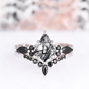 Skye Kite Rutilated Quartz & Black Diamond Ring Set For Woman- Natural Quartz Engagement Ring- 925 Sterling Silver Promise Ring Gift For Her