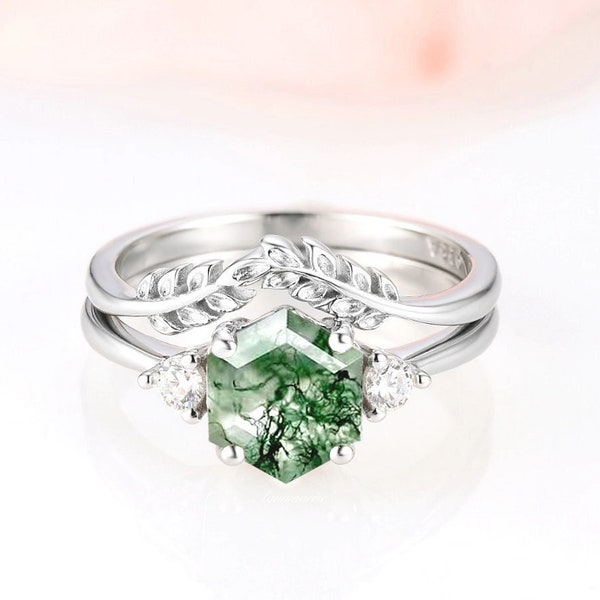 Natural Moss Agate Engagement Ring Set For Women- Hexagon Cut Alternative Engagement Ring Nature Inspired Leaf Ring 925 Sterling Silver