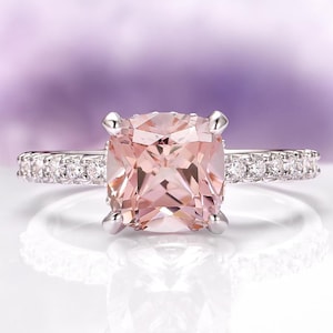 Morganite Engagement Ring in Sterling Silver- Cushion Cut Hidden Halo Blush Pink Morganite Promise Ring- Anniversary Gift Sterling Silver