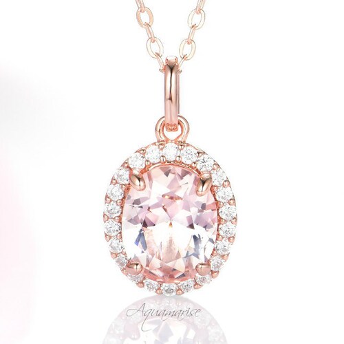 Halo Oval Morganite Necklace 14K Rose 