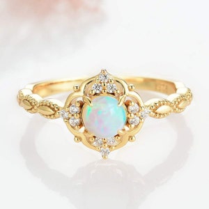 Vintage Natural Opal Ring-14K Yellow Gold Vermeil Ring- Opal Engagement Promise Ring October Birthstone- Anniversary Birthday Gift For Her