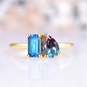 Alexandrite London Blue Topaz Ring- Moi Et Toi Modern Engagement Ring For Women 2 Birthstone Delicate Pear Emerald Cut Promise Ring For Her