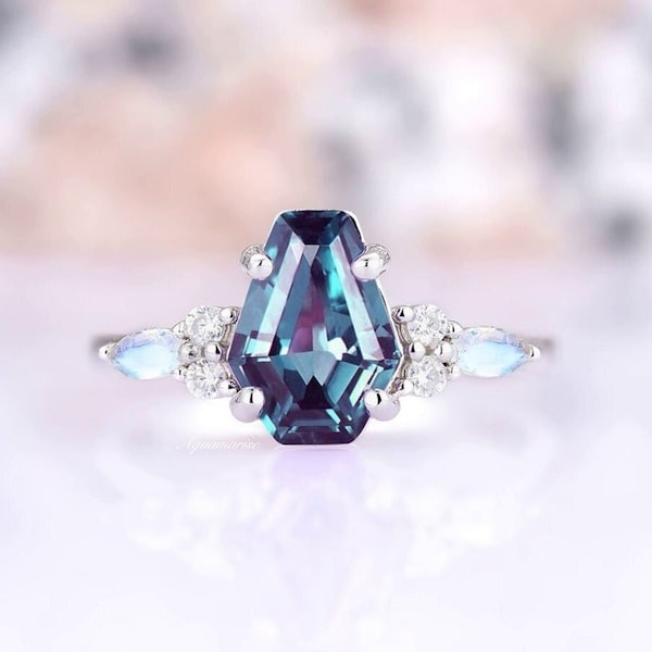Coffin Alexandrite & Moonstone Ring- Unique Color Changing Gemstone Engagement Ring- June Birthstone- Dainty Promise Ring- Gift For Her