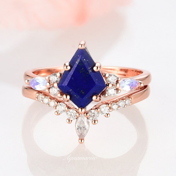 Skye Kite Natural Blue Lapis Lazuli & Moonstone Ring Set- 14K Rose Gold Vermeil Unique Engagement Ring Promise Ring Anniversary Gift For Her