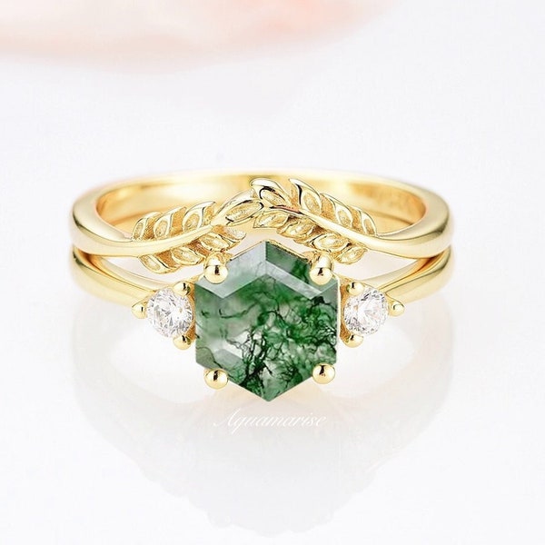 Natural Moss Agate Engagement Ring Set For Woman- Hexagon Cut Alternative Engagement Ring Nature Inspired Leaf Ring 14K Yellow Gold Vermeil