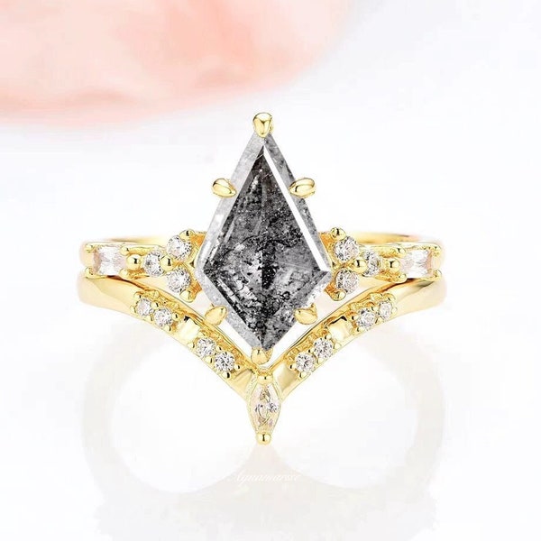 Galaxy Raw Salt and Pepper Diamond Ring Set For Women- Unique Kite Engagement Ring Geometric Diamond Promise Ring- 14K Yellow Gold Vermeil