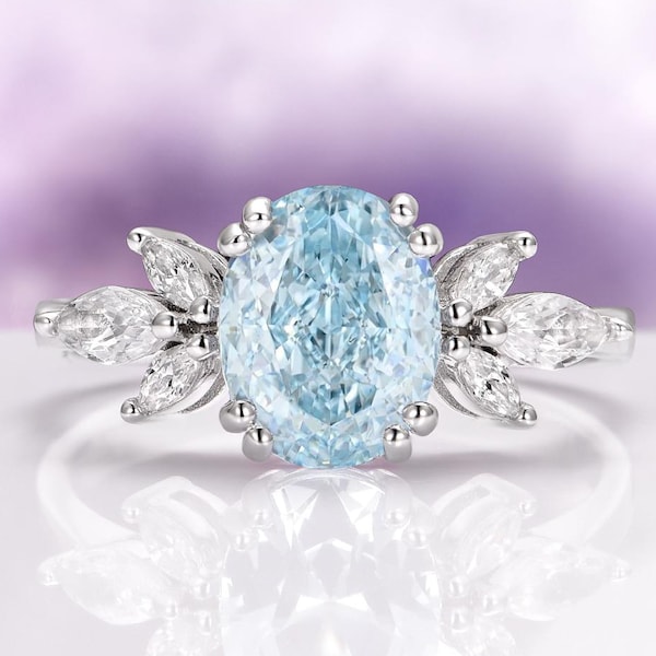 Oval Aquamarine Ring in 925 Sterling Silver- Unique Flower Engagement Ring- Promise Ring- March Birthstone Birthday Anniversary Gift For Her