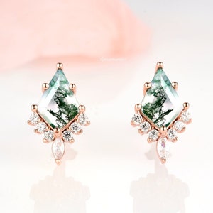 Skye Kite Green Moss Agate Earrings For Women 14K Rose Gold Vermeil Natural Agate Studs Unique Birthstone Jewelry Anniversary Gift For Her