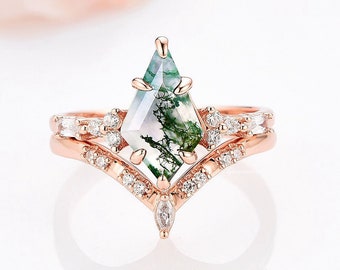 Kite Green Moss Agate Ring Set para mujeres- Anillo de compromiso de ágata natural Vermeil de oro rosa de 14K- Regalo de aniversario de anillo de promesa delicada para ella