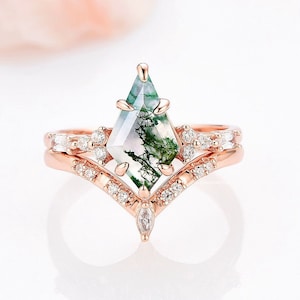 Ensemble de bagues en agate mousse vert cerf-volant pour femme - Bague de fiançailles en agate naturelle vermeil or rose 14 carats - Bague de promesse délicate, cadeau d'anniversaire pour elle