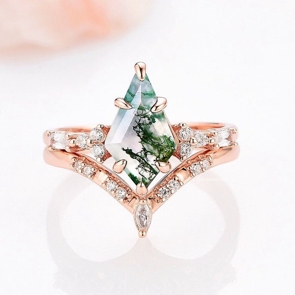 Kite Green Moss Agate Ring Set For Women- 14K Rose Gold Vermeil Natural Agate Engagement Ring- Dainty Promise Ring Anniversary Gift For Her