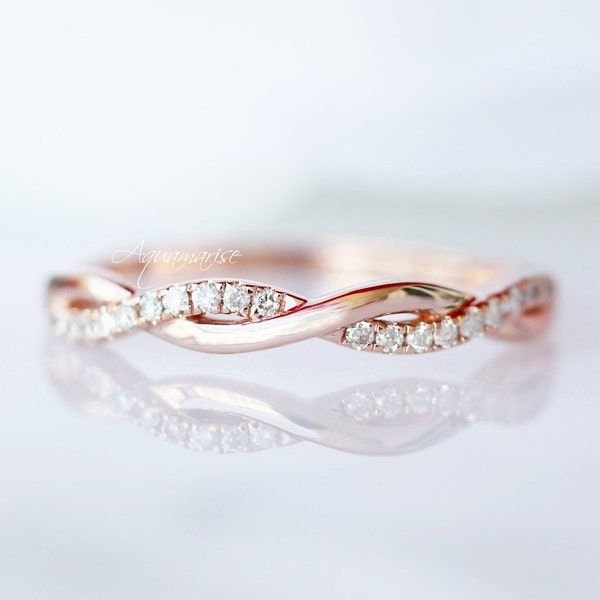 Petite Twisted Vine Diamond Wedding Band- 10K 14K 18K Solid Rose Gold Wedding Ring - Custom Matching Wedding Band- Dainty Ring- Gift For Her