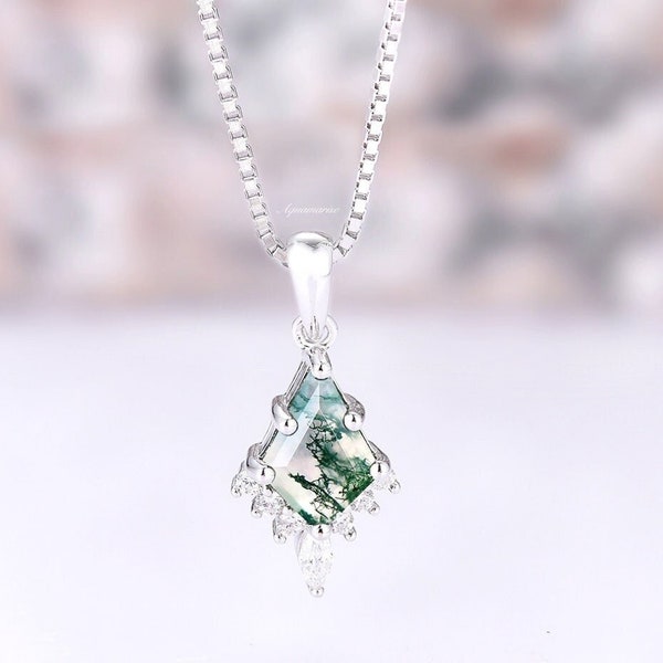 Skye Kite Green Moss Agate Necklace For Women- 925 Sterling Silver Natural Agate Pendant Unique Birthstone Jewelry Anniversary Gift For Her