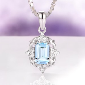 Vintage Natural Aquamarine Necklace- Sterling Silver Emerald Cut Aquamarine Necklace For Women Bridal Necklace March Birthstone Gift For Her
