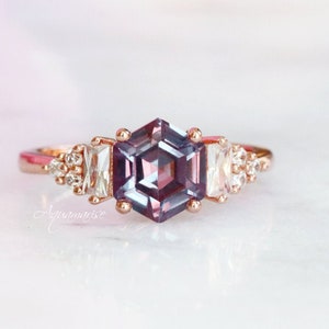 Hexagon Alexandrite Ring- 14K Rose Gold Vermeil Engagement Ring- For Women Promise Ring- Color Changing Stone June Birthstone- Gift For Her