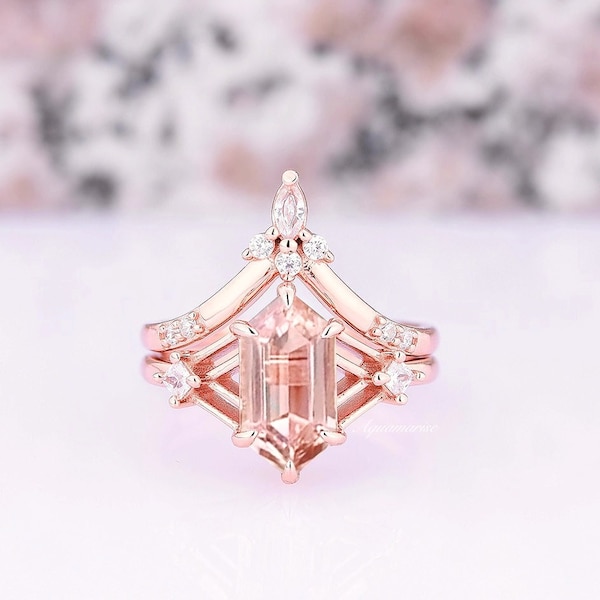 Celtic Hexagon Morganite Ring Set For Woman- 14K Rose Gold Vermeil Vintage Engagement Ring- Unique Promise Ring- Anniversary Gift For Her