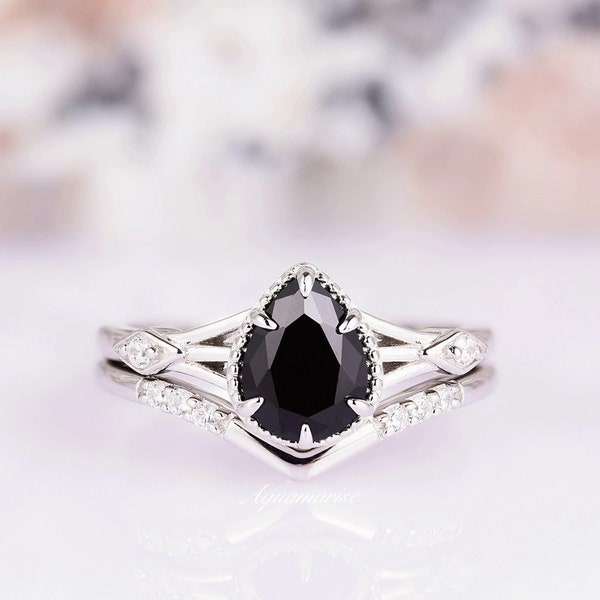 Celtic Black Diamond Ring Set- Natural Black Onyx Engagement Ring For Woman- 925 Sterling Silver Pear Black Onyx Promise Ring Gift For Her