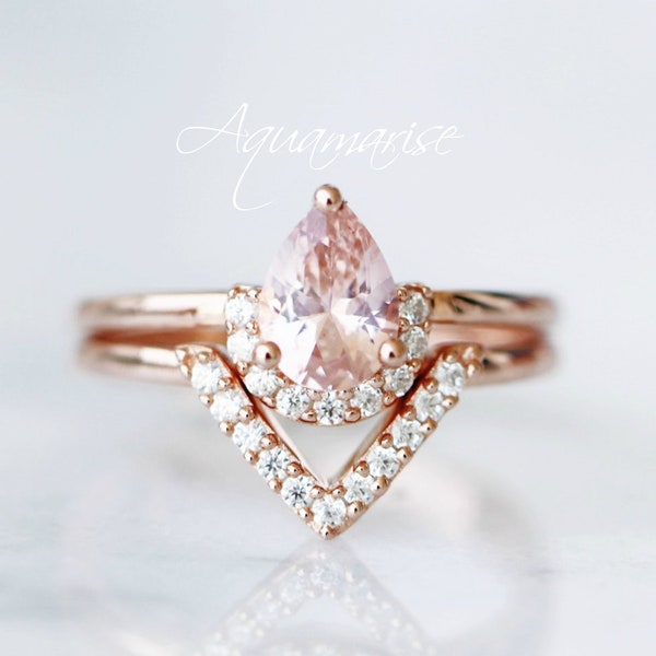 Vintage Morganite Ring Set- 14K Rose Gold Vermeil Teardrop Morganite Engagement Ring For Women- Dainty Promise Ring Anniversary Gift For Her