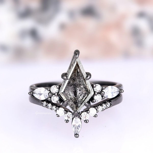 Skye Galaxy Raw Salt & Pepper Diamond Ring- Kite Cut Diamond Engagement Ring Set Unique Bridal Geometric Diamond Promise Ring Black Filled