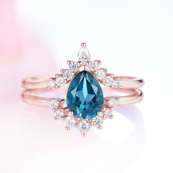 Natural London Blue Topaz Ring Set 14K Rose Gold Vermeil Engagement Ring For Women Promise Ring November Birthstone Anniversary Gift For Her