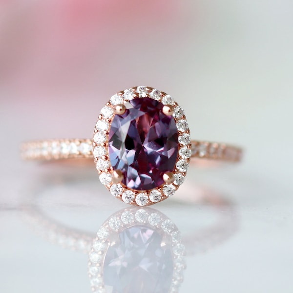 Oval Alexandrite Ring- 14K Rose Gold Vermeil Gemstone Engagement Ring- Promise Ring For Women - June Birthstone- Anniversary Gift For Her