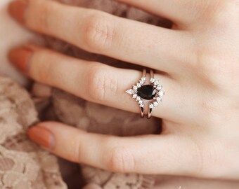 Promise Rings Natural Black Spinel Rings Oval Cut Black Gemstone Solid Silver Rings Blue Sapphire Accents