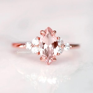 Vintage Morganite Ring- 14K Rose Gold Vermeil Marquise Cut Peachy Pink Morganite Engagement Ring- Promise Ring Anniversary Gift For Her