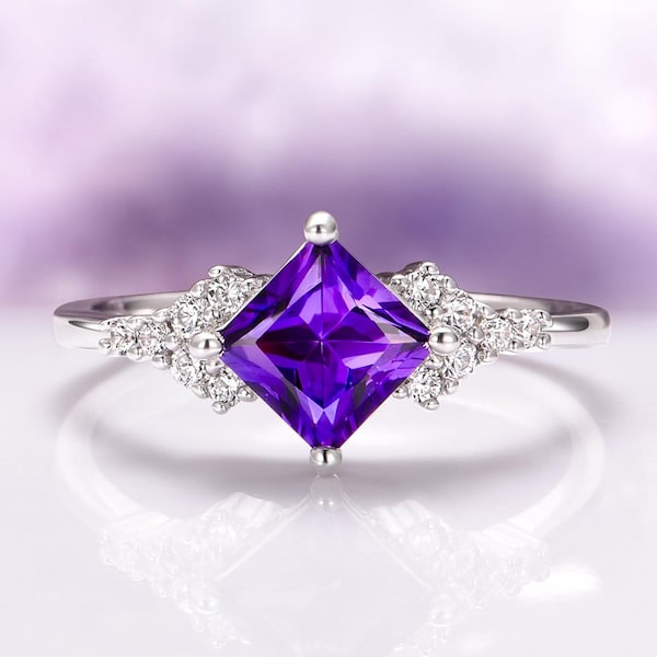 Natural Amethyst Engagement Ring in 925 Sterling Silver Princess Cut Unique Promise Ring- February Birthstone- Anniversary Gift For Her