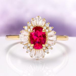 Victoria Ruby Engagement Ring in 14K Yellow Gold Vermeil- Vintage Ruby Art Deco Unique Promise Ring July Birthstone Anniversary Gift For Her