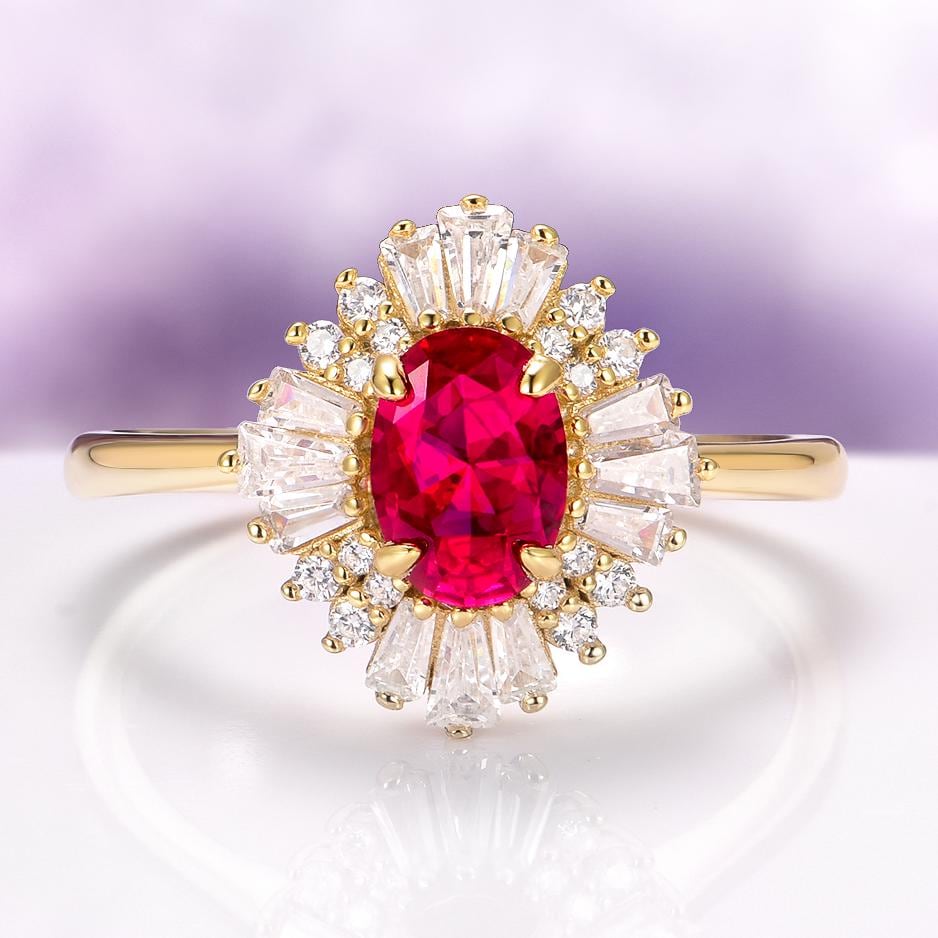 Victoria Ruby Engagement Ring in 14K Yellow Gold Vermeil- Vintage Ruby Art Deco Unique Promise Ring July Birthstone Anniversary Gift For Her