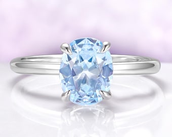 Aquamarine Engagement Ring Lab Created Oval Solitaire Hidden Halo Sterling Silver