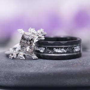 Galaxy Salt and Pepper Diamond & Meteorite Couples Ring Set- His and Hers Unique Starry Night Matching Wedding Band Sterling Silver Tungsten