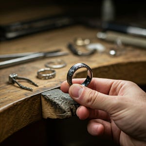 May include: A black metal ring with a textured band. The ring is being held by a hand.