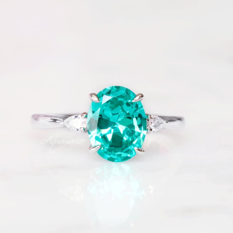 Oval Paraiba Tourmaline Ring Sterling Silver Engagement Ring For Women Promise Ring Neon Turquoise Teal Gemstone Ring October Birthstone image 5