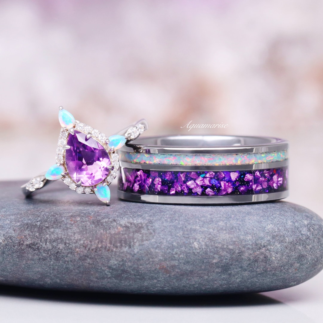 Natural Amethyst & Galaxy Fire Opal Couples Ring- His and Hers