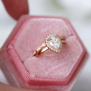 Pear Diamond Ring Set 14K Rose Gold Vermeil Engagement Promise Ring For Women Teardrop Wedding Ring Set April Birthstone Gift For Her image 4