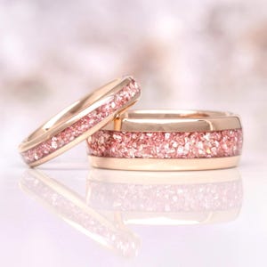 Pink Morganite Couples Ring Set- His and Hers Wedding Band- Crushed Morganite Rose Gold Ring- Matching Couples Promise Ring- Pink Gemstone