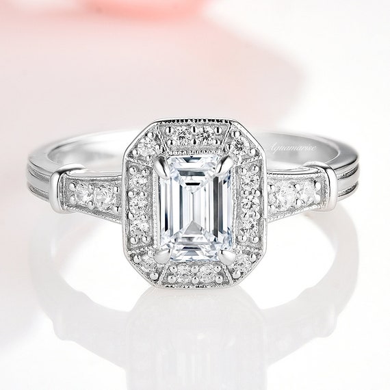 Natural White Sapphire Ring- Sterling Silver Emerald Cut Diamond Engagement  rings- Promise Rings For Women September Birthstone Gift For Her