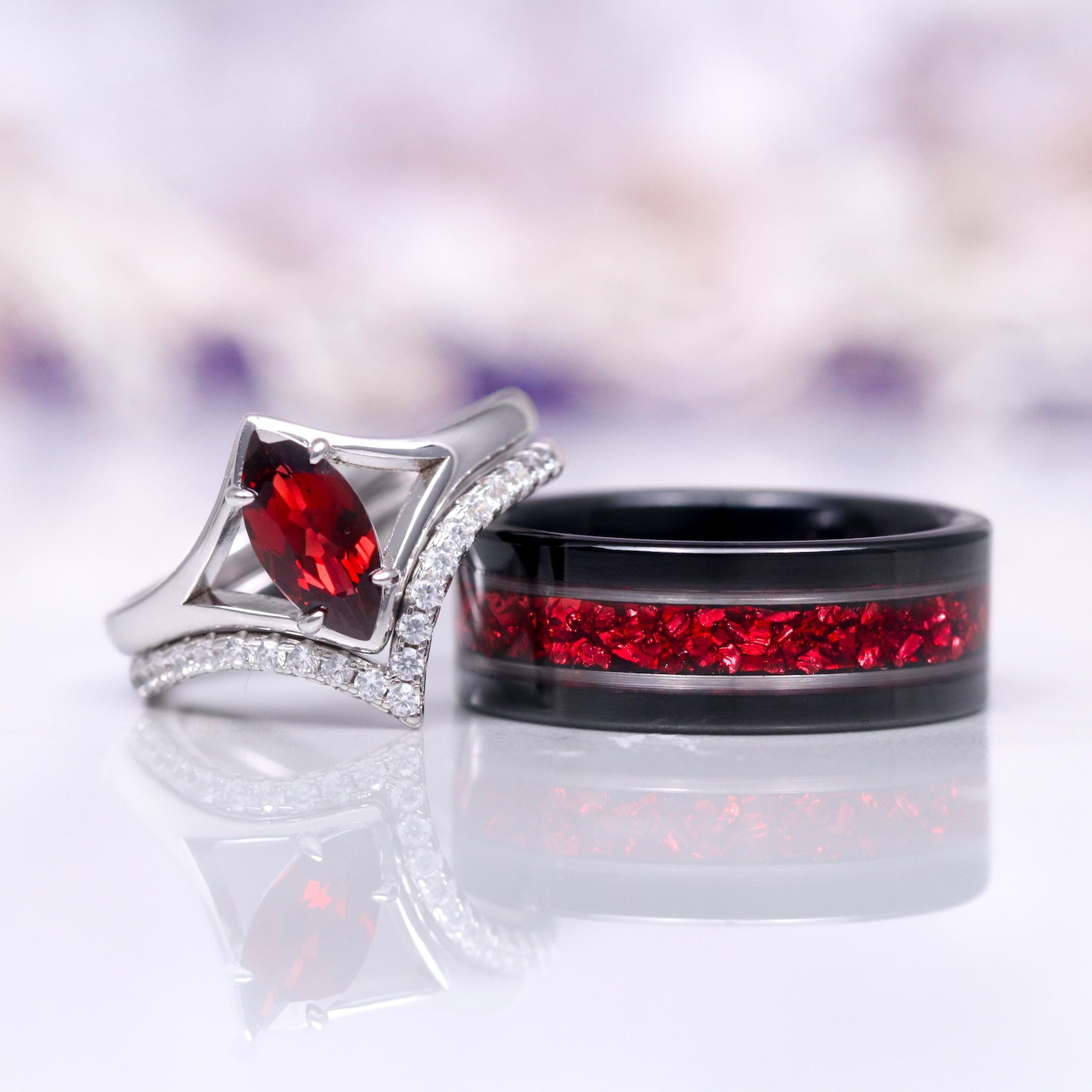 Natural Red Garnet Couples Ring Set- His and Hers Matching Wedding Band ...
