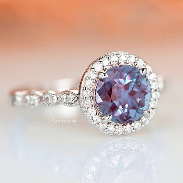Vintage Alexandrite Ring- Sterling Silver Teal & Purple Alexandrite Engagement Ring For Women- Promise Ring- June Birthstone-  Gift For Her