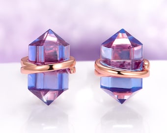 Minimalist Alexandrite Earrings in 14K Rose Gold Vermeil- Raw Crystal Unique Studs Unique June Birthstone Jewelry Anniversary Gift For Her