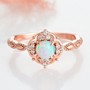 Vintage Natural Opal Ring-14K Rose Gold Vermeil Engagement Ring For Women Promise Ring- October Birthstone Anniversary Birthday Gift For Her