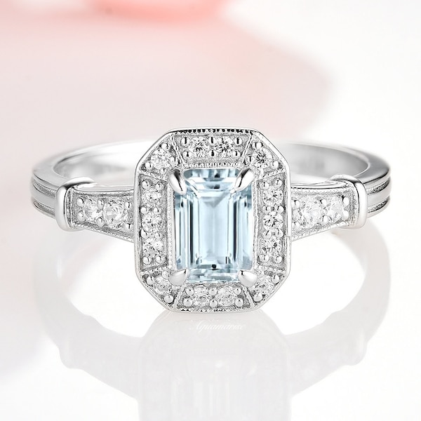 Vintage Natural Aquamarine Ring-  925 Silver Emerald Cut Aquamarine Engagement Ring For Women Promise Ring March Birthstone Anniversary Gift
