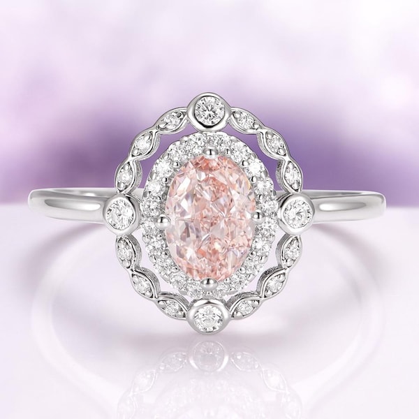 Art Deco Morganite Engagement Ring in 925 Sterling Silver- Oval Halo Blush Pink Antique Promise Ring- Birthday Anniversary Gift For Her