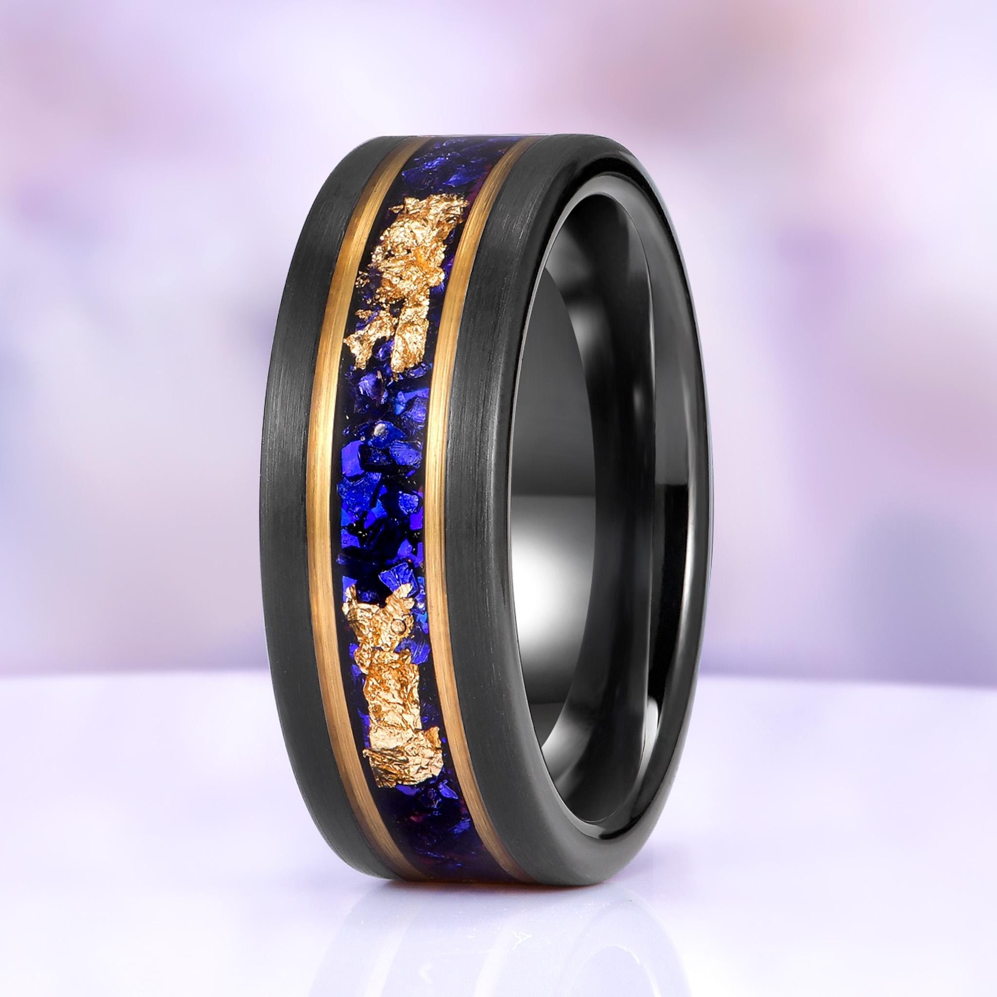 Blue Sapphire Leaf Ring Set, Gold Vermeil & Tungsten Wedding Bands