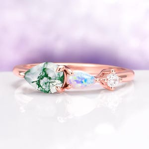 Moss Agate and Natural Opal Engagement Ring in 14K Rose Gold Vermeil- Pear Cut Unique Wedding Band-Delicate Promise Ring- Anniversary Gift
