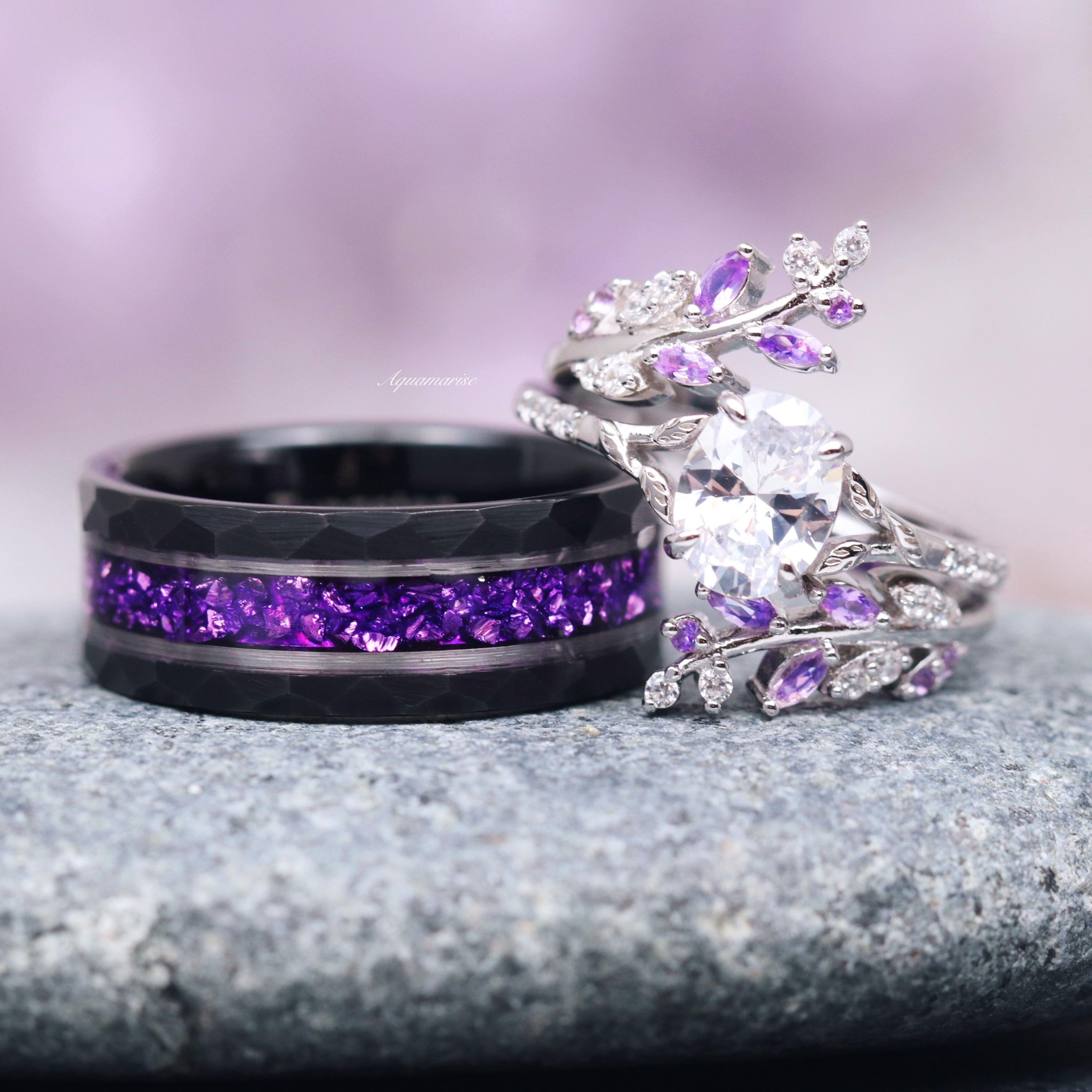 Crushed Amethyst Men's Wedding Band- 8MM Hammered Black Tungsten Crushed Amethyst Men's Wedding Band- 8MM Hammered Black Tungsten