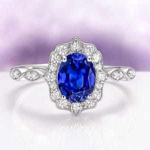 Blue Sapphire Engagement Ring in 925 Sterling Silver-Lab Grown Sapphire Unique Art Deco Promise Ring- September Birthstone Gift For Her
