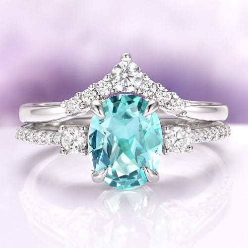 Sapphire Engagement Ring Set Lab Grown Teal Oval Sterling Silver Simulated Diamond Accents