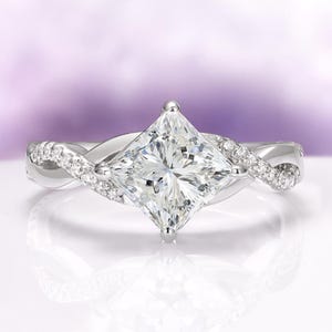 White Sapphire Engagement Ring in 925 Sterling Silver- Princess Cut Diamond Twisted Vine Promise Ring- September Birthstone Gift For Her